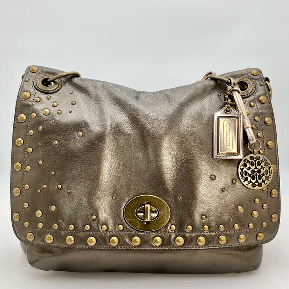 *COACH Metallic Bronze #15392 Studded Messenger Leather Bag - Picture 3 of 17